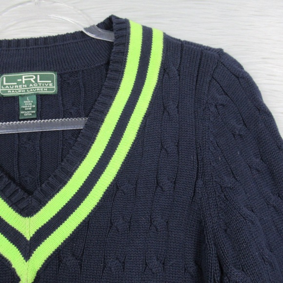 RALPH LAUREN Vintage Navy Blue V-Neck Cable Knit Tennis Sweater Women Size Large - Picture 5 of 13